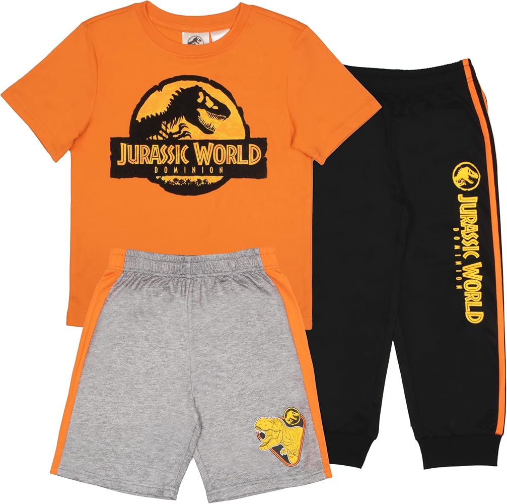 Jurassic World Boys 3-Piece Set - Short Sleeve T-Shirt, Shorts, and Jogger Pants 3-Pack Bundle Set for Kids and Toddlers