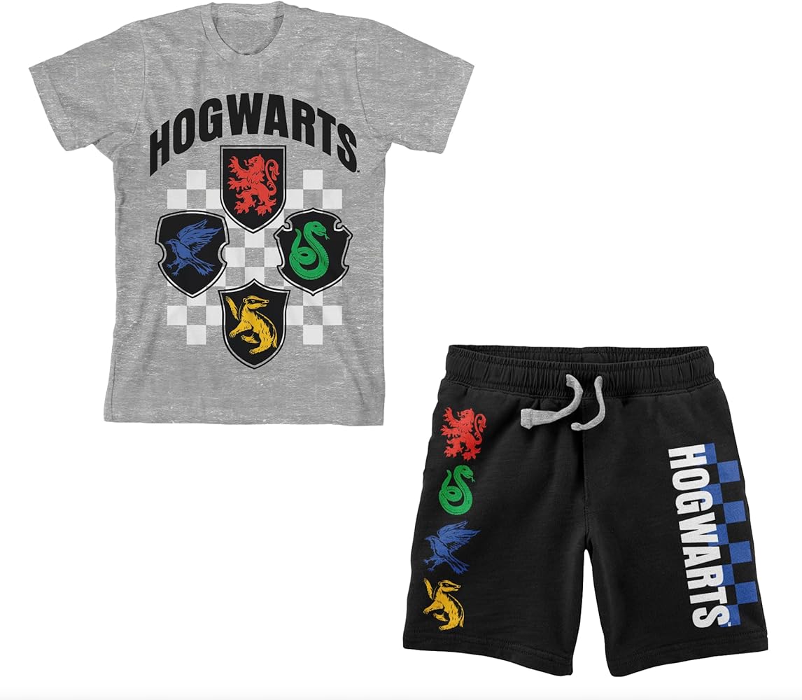 Harry Potter Hogwarts House Mascots Boy's Short Sleeve Shirt & Lounge Shorts Combo Set