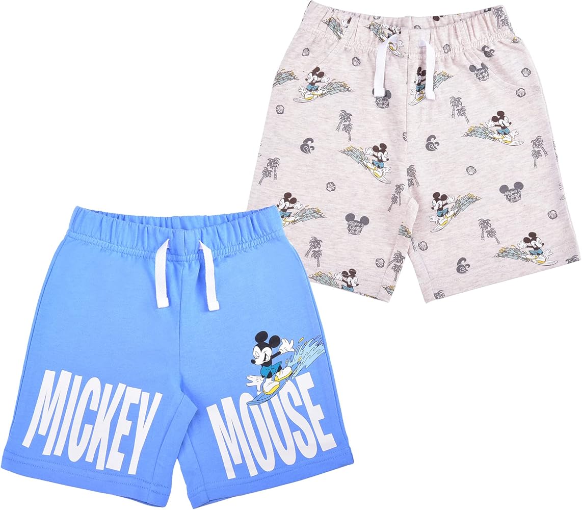 Disney Mickey Mouse Boys 2 Pack Shorts with Drawstring for Toddler and Little Kids – Blue/White/Grey/Black