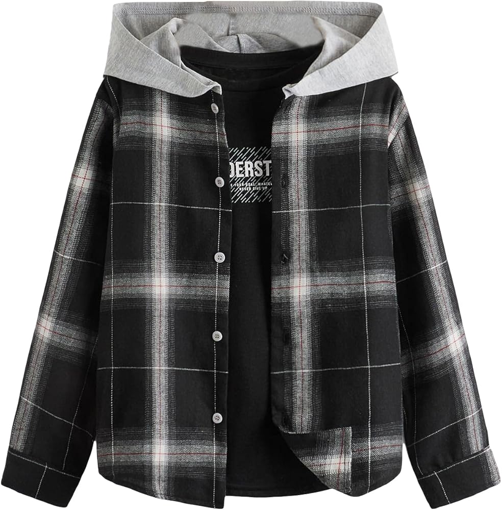 Milumia Boy's Casual Contrast Plaid Button Up Long Sleeve Hooded Tee Shirts Tops