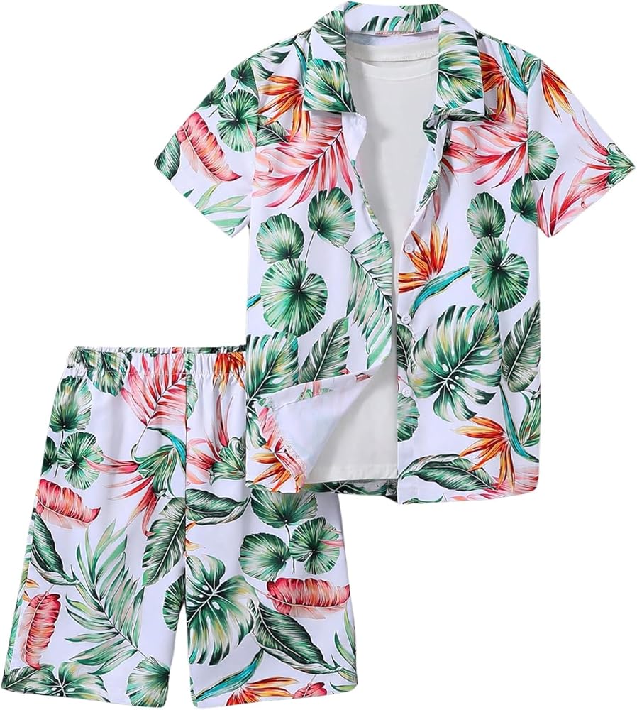 Floerns Boy's 2 Piece Outfits Boho Tropical Print Collared Shirts and Shorts Set