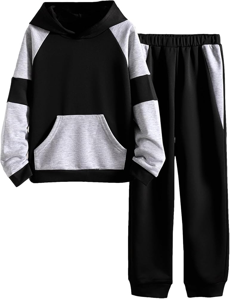 OYOANGLE Boy's 2 Piece Outfits Color Block Pullover Hooded Long Sleeve Sweatshirt and Pocket Sweatpants Tracksuits