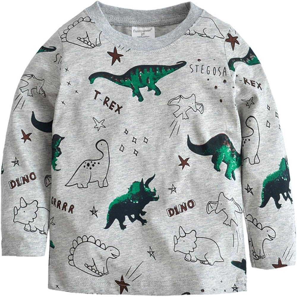 Toddler Boys T-Rex Long Sleeve Dinosaur T Shirt Tops Cotton Cartoon Graphic Tees for Kids Size 1-7T