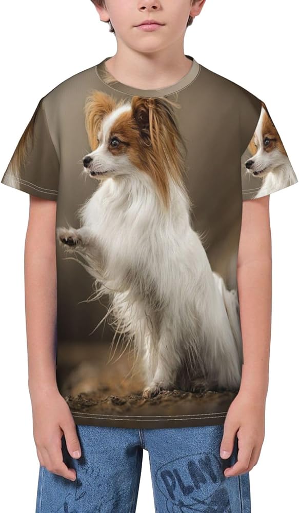 Papillon Dog Teen Boys Short Sleeve Crew Neck T-Shirt Casual Tee Tops for Youth Kids