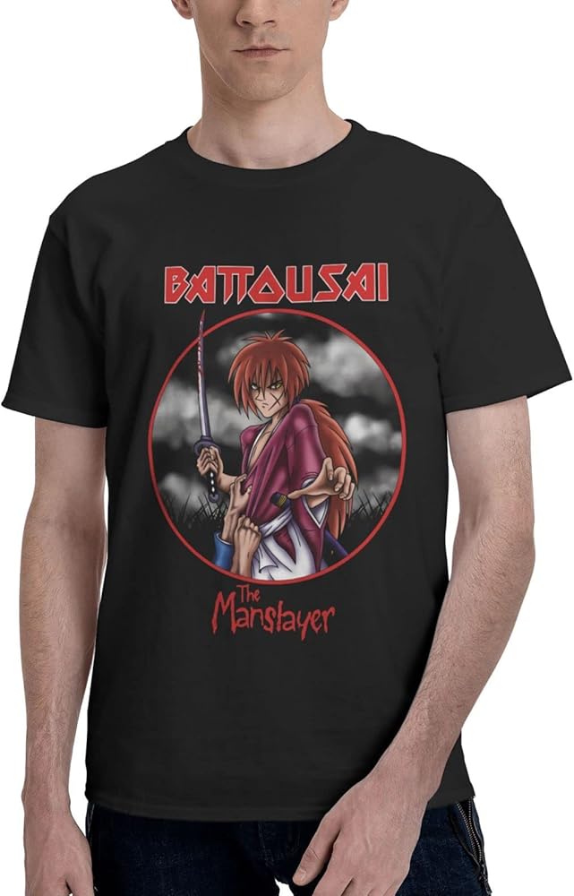 Anime T Shirts Rurouni Kenshin Himura Kenshin Men's Summer Cotton Tee Crew Neck Short Sleeve T-Shirt Black