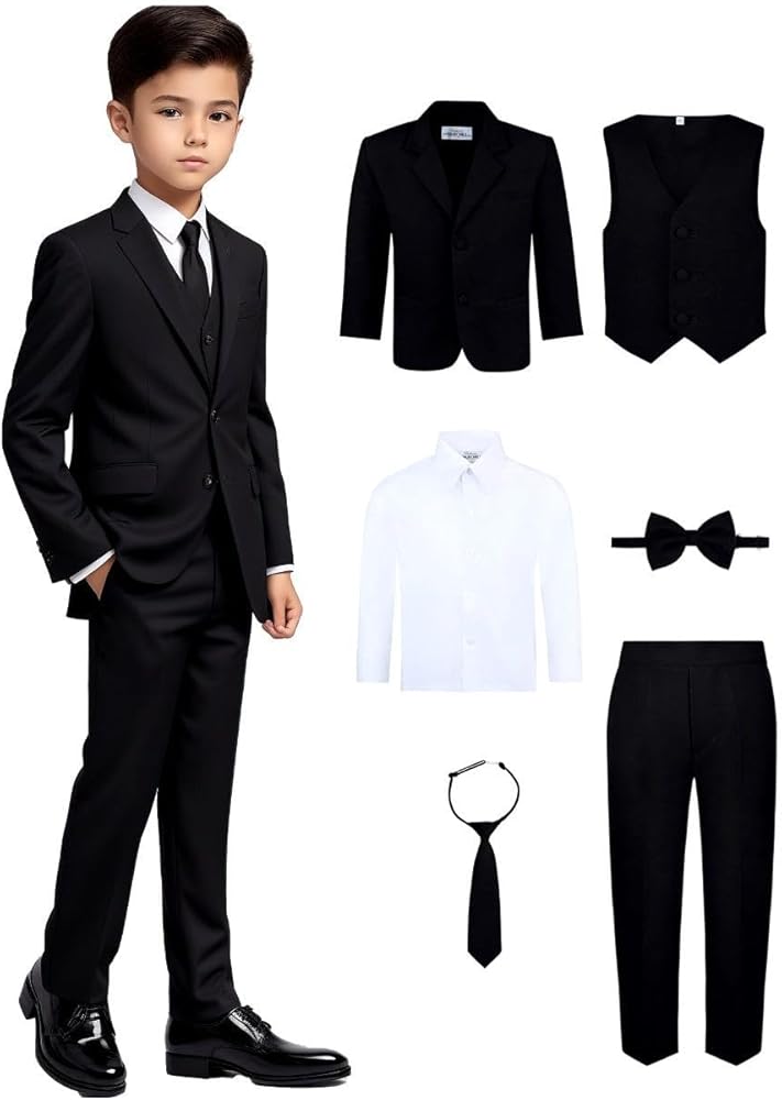 Boy's 6-Piece Formal Suit Set – Includes Suit Jacket, Comfort Waist Dress Pants, Vest, Dress Shirt, Necktie & Bow Tie