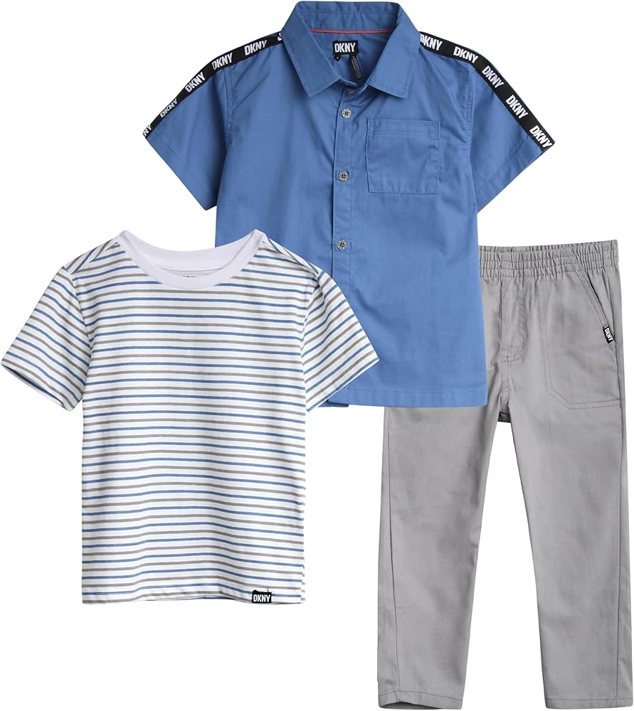 DKNY Boys' Pants Set - 3 Piece Short Sleeve Button Down, T-Shirt, Twill Pull On Pants - Clothing Set for Toddler Boys (2T-7)