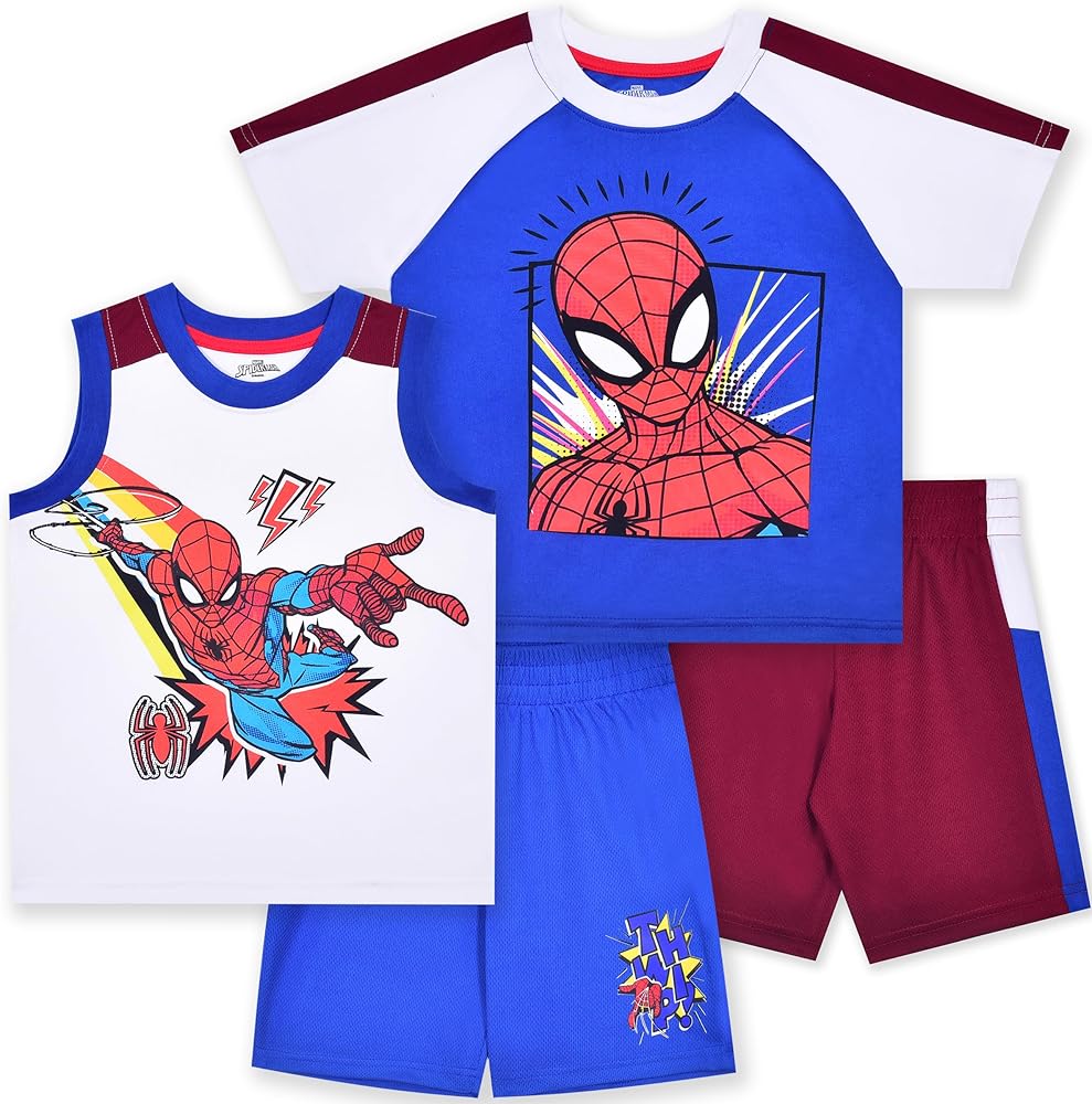 Marvel Spider-Man Boys 4 Piece Mix and Match T-shirts and Shorts Set for Toddlers and Big Kids – Blue/White/Red