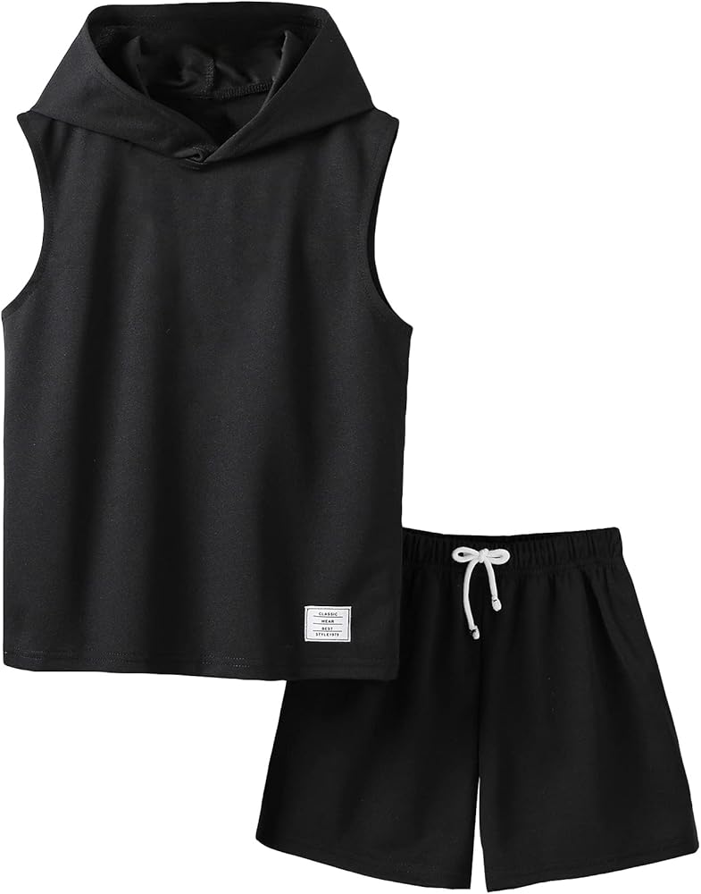 OYOANGLE Boy's 2 Piece Outfits Sleeveless Hooded Tank Top and Drawstring Waist Shorts Set