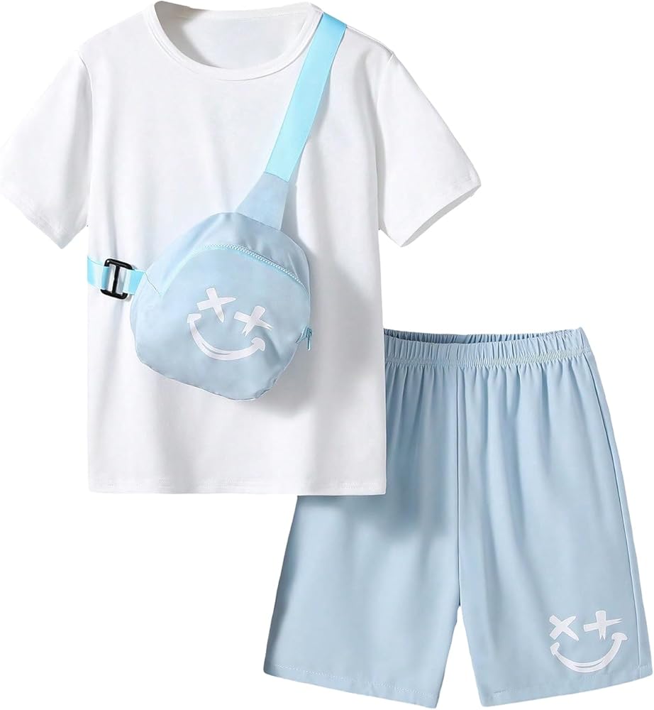 Verdusa Boy's 3 Piece Set Solid Short Sleeve Tee Top and Cute Graphic Track Shorts with Bag