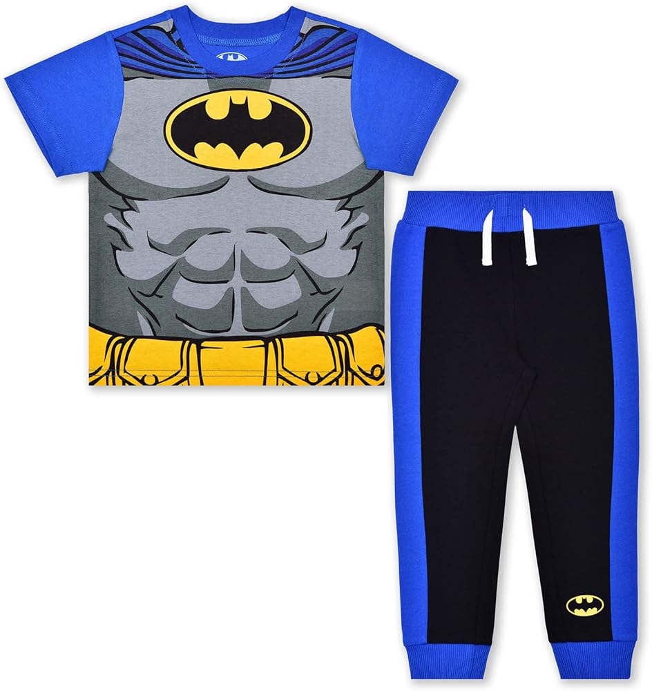 DC Comics Boys’ Batman and Superman T-Shirt and Jogger Set for Toddler and Little Kids – Blue/Navy or Grey/Blue/Black