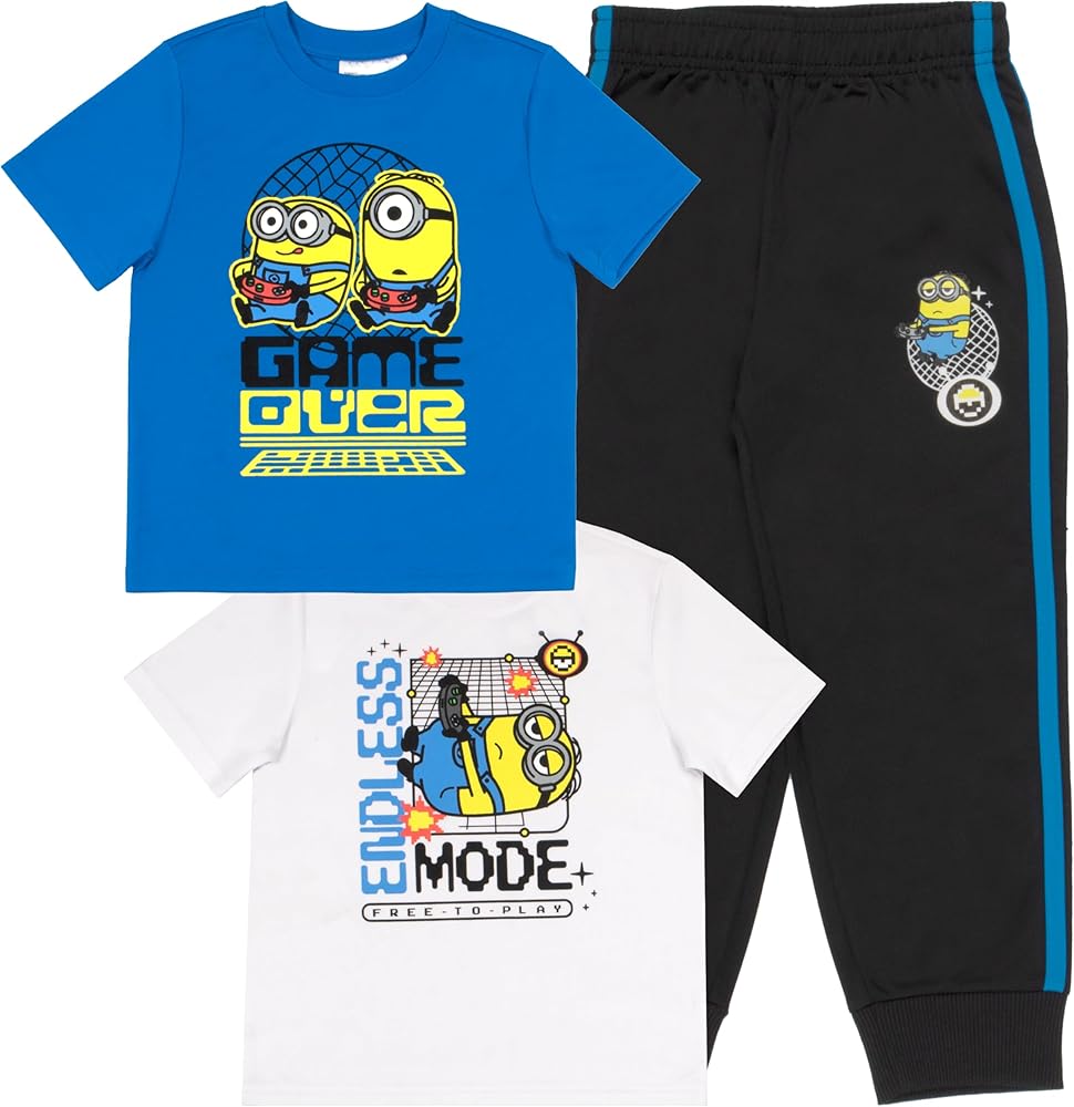 Minions Despicable Me Boys 3-Piece Pants Set, Two Short Sleeve T-Shirts & Jogger Pants 3-Pack Bundle Set for Kids