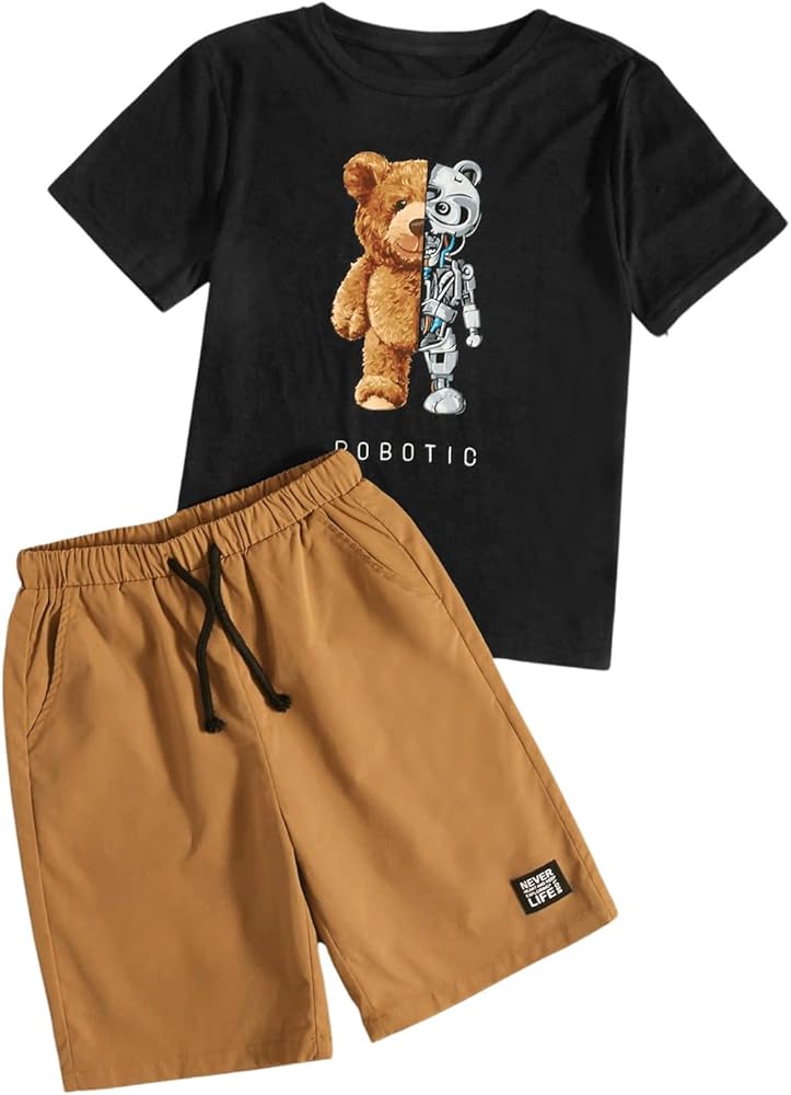 GORGLITTER Boy's Summer Outfits Bear Print Short Sleeve Graphic Tee and Drawstring Waist Shorts 2 Piece Clothing Sets