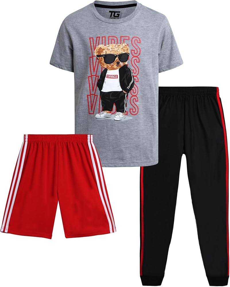 Pro Athlete Boys' Active Pants Set - 3 Piece Performance T-Shirt Shorts and Jogger Sweatpants - Sport Outfit for Boys (8-16)