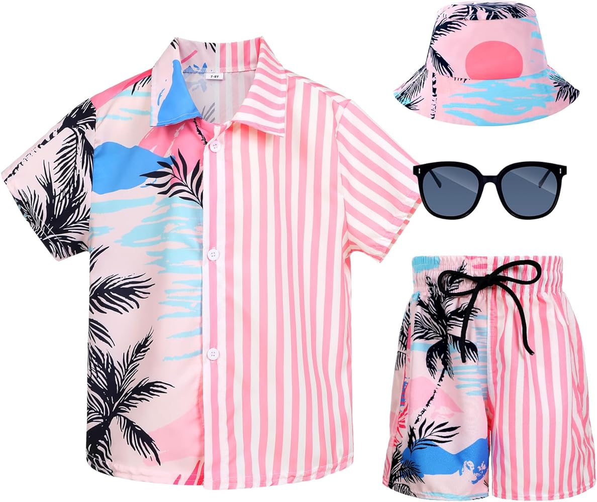 4 Pcs Boys Hawaiian Shirt and Short with Bucket Luau Outfit Hat Sunglasses Button Down Swim Set, 7-12Y