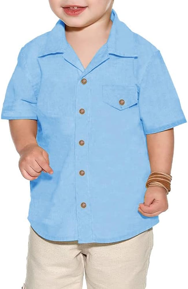 Boys Linen Shirt Short Sleeve White Button Down Kids Beach Summer Camp Collar Tee Tops