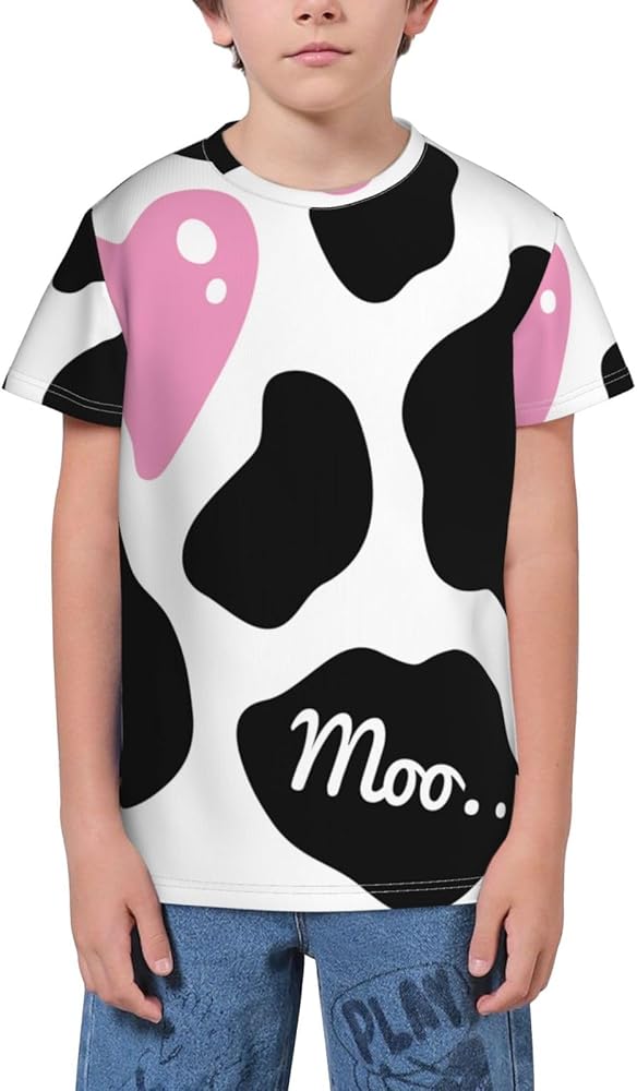 Black Cow with Pink Heart Teen Boys Short Sleeve Crew Neck T-Shirt Casual Tee Tops for Youth Kids