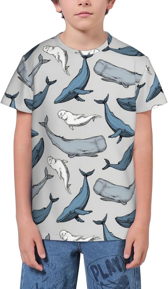 Whales are Everywhere Teen Boys Short Sleeve Crew Neck T-Shirt Casual Tee Tops for Youth Kids