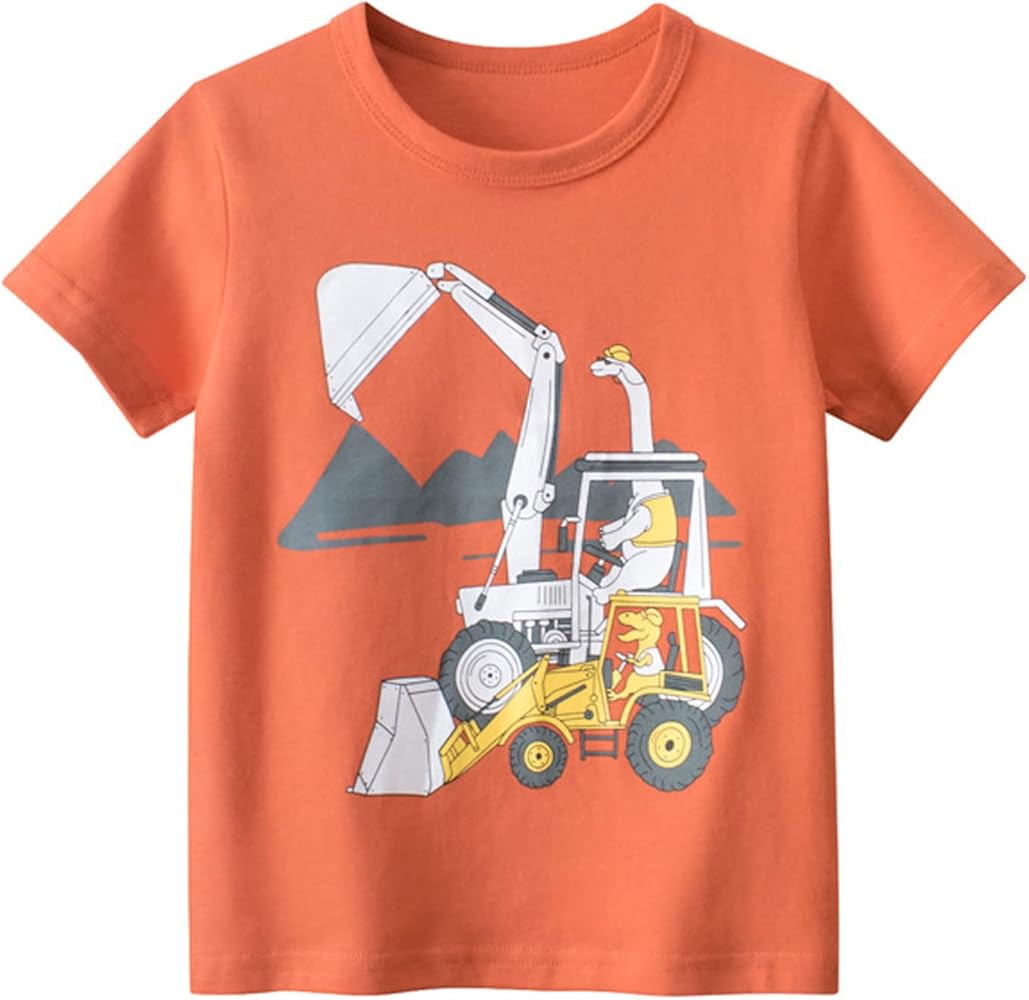 Summer Toddler Boys Short Sleeve Cartoon Excavators Prints Casual Tops Round Neck Orange Shirt