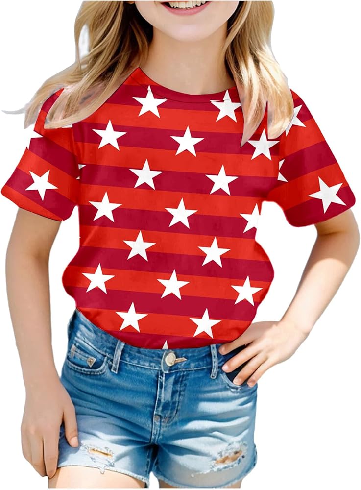 Toddler Girls Boys 4th of July T-Shirt Patriotic Print T-Shirts Classic Short Sleeve Crewneck Independence Day Tops Tees 3-10 Years,Boys 4Th of July Shirts,4Th of July T Shirts for Kids Sky Blue