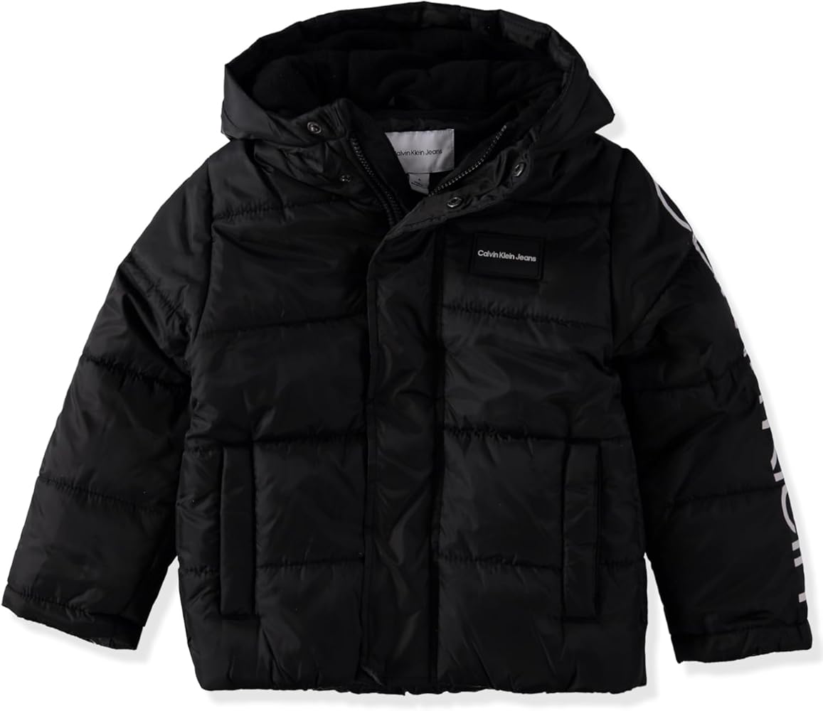 Calvin Klein Jeans Boys' Heavyweight Hooded Bubble Jacket With Polar Fleece Lining, New Black, 14/16