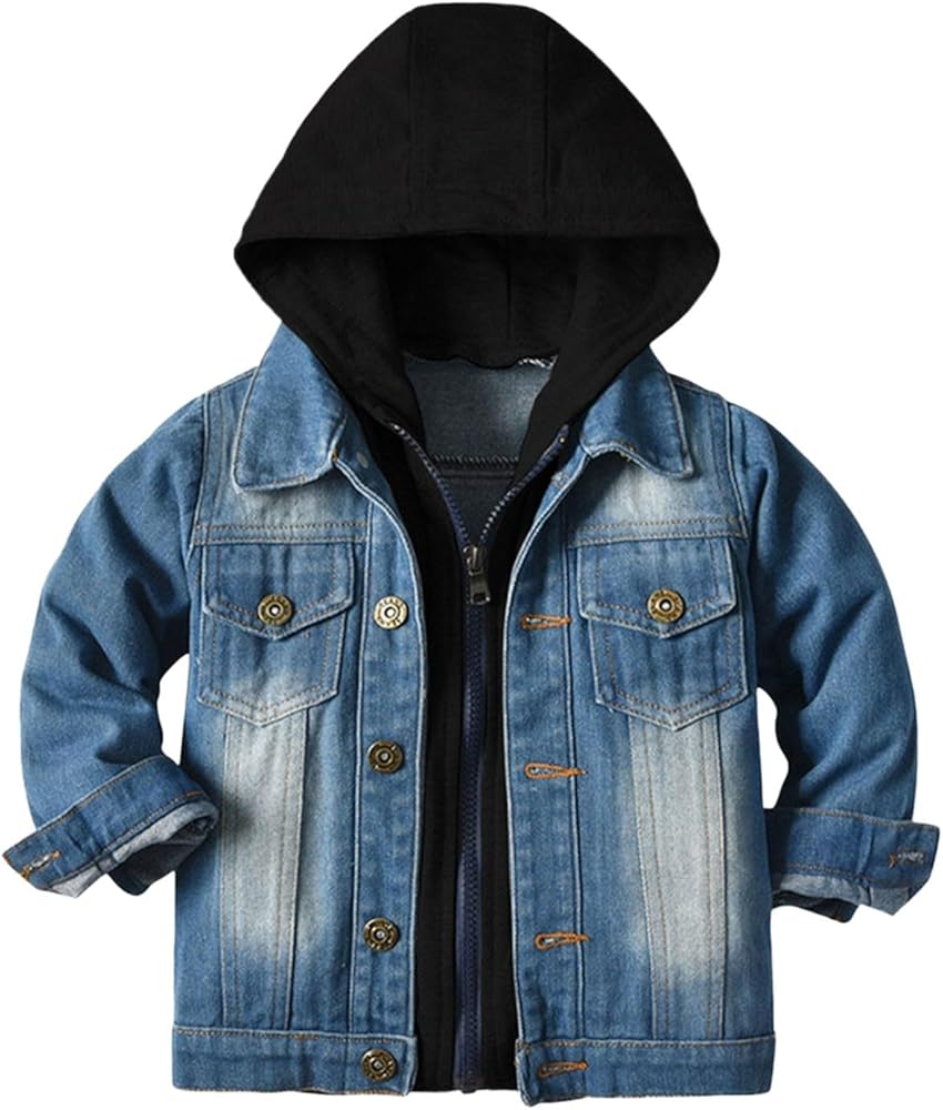 Boys Fashion Hood Denim Jacket Toddler Button Down Outwear Kids Winter Clothes Jeans