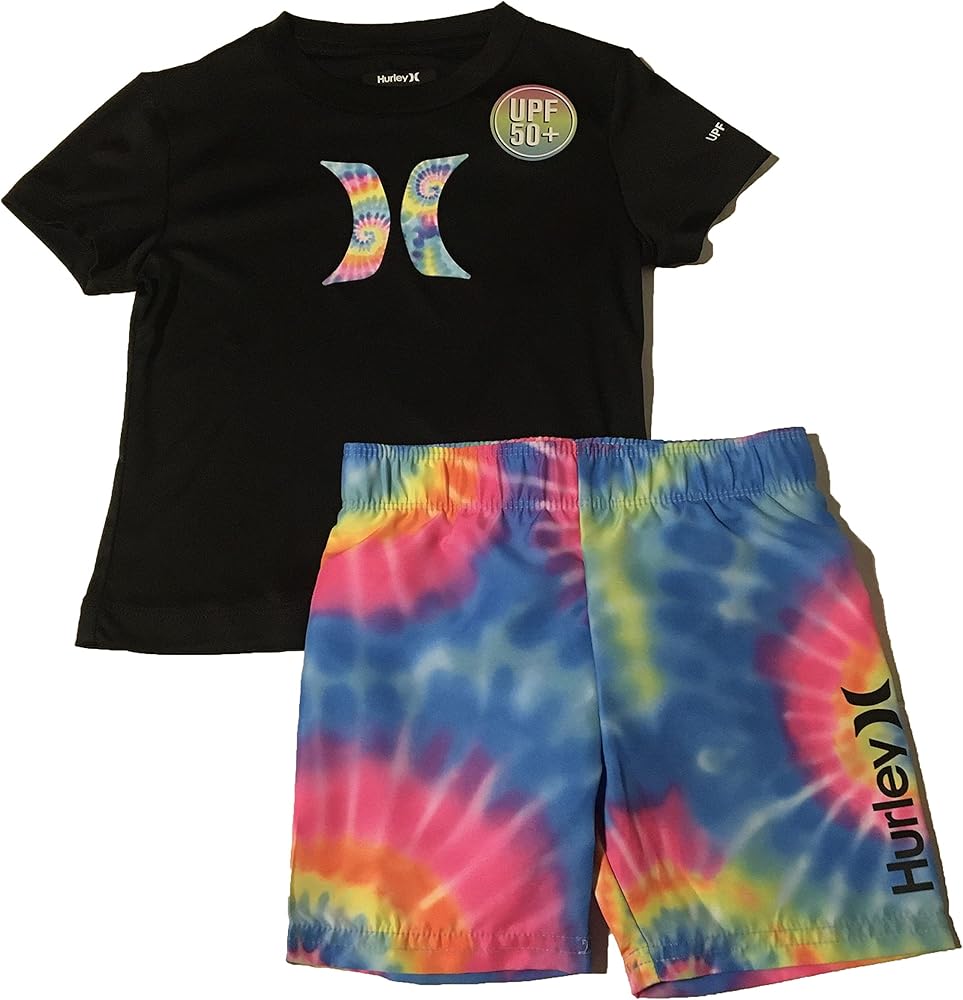 Hurley Toddler Boys’ Rash Guard T-Shirt and Swim Trunks Set Black Multi Size 4T