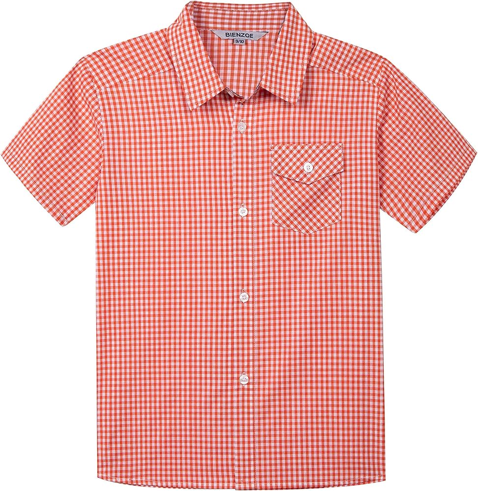 Bienzoe Boys Short Sleeve Shirt: Casual Button Down Cotton Plaid Kids Tops