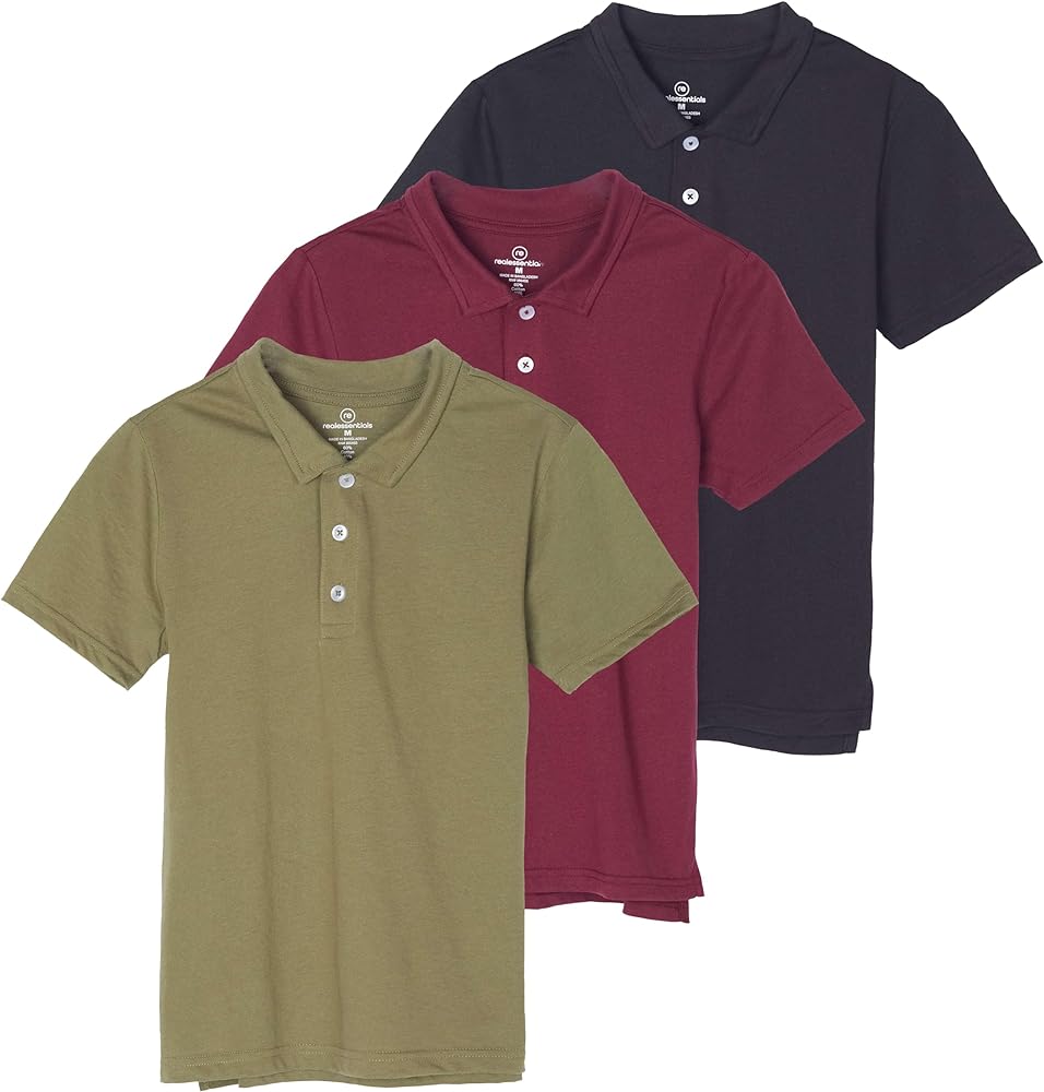 Real Essentials 3 Pack: Boys' Short Sleeve Jersey Cotton Polo Shirt - Uniform Performance (Ages 4-18)