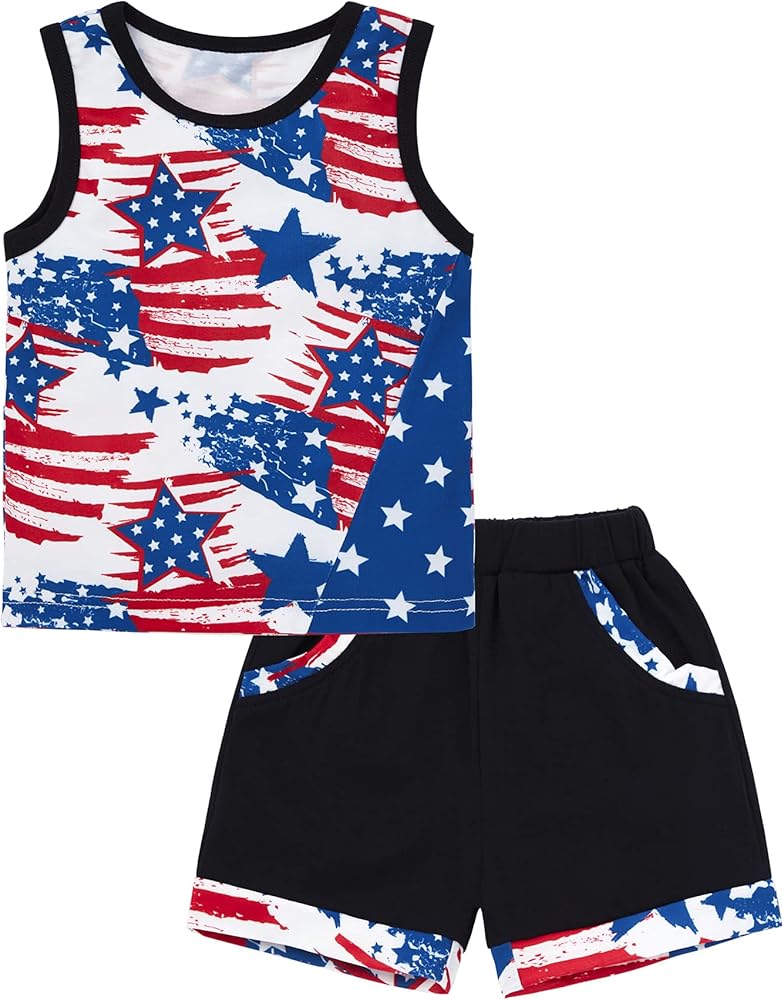 MIGU 4th of July Baby Boy Outfits Toddler Boy Clothes Summer Star Stripe Sleeveless T-shirt Top+Black Short Pants 2Pcs Set