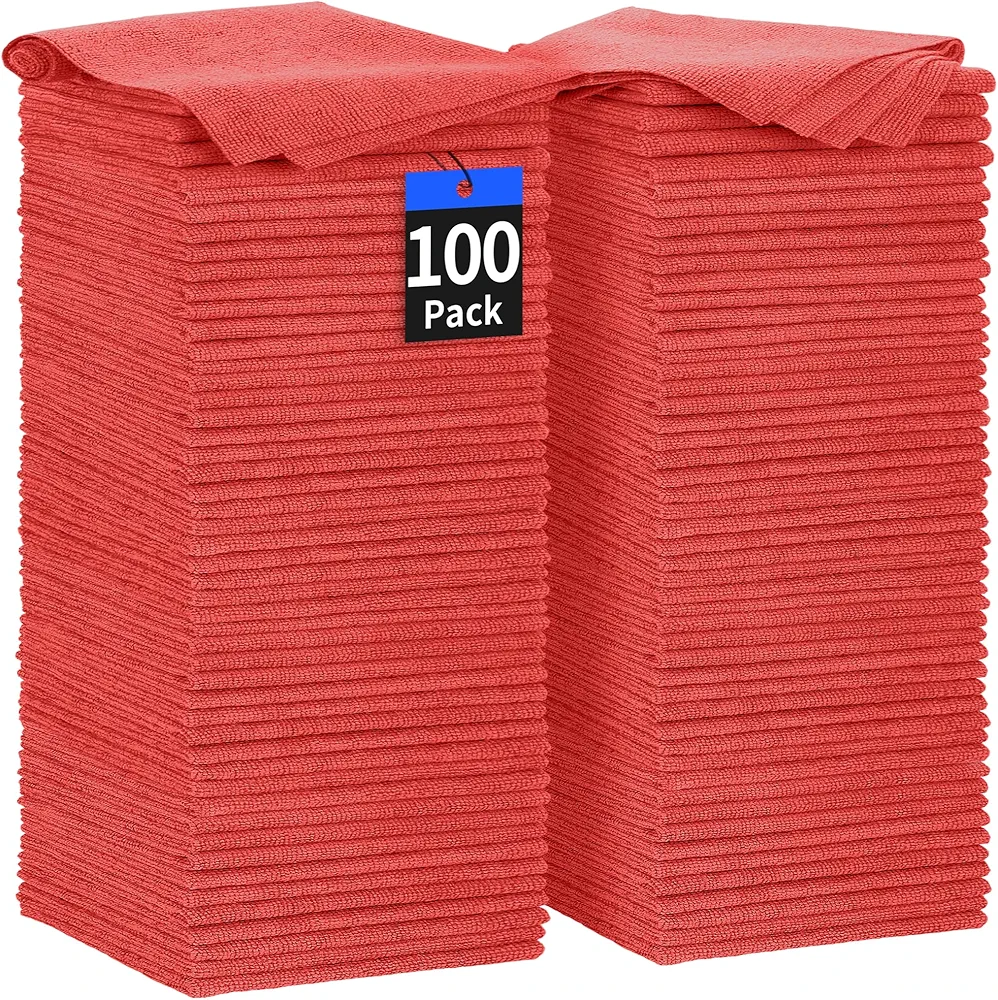 Shop Towels Rags, 100 Pack Microfiber Cleaning Cloth Bulk Absorbent Detailing Rags, Lint-Free Microfiber Towels for Cars, Mechanic, Shop, Garage & Housekeeping 11.5"*11.5" Red