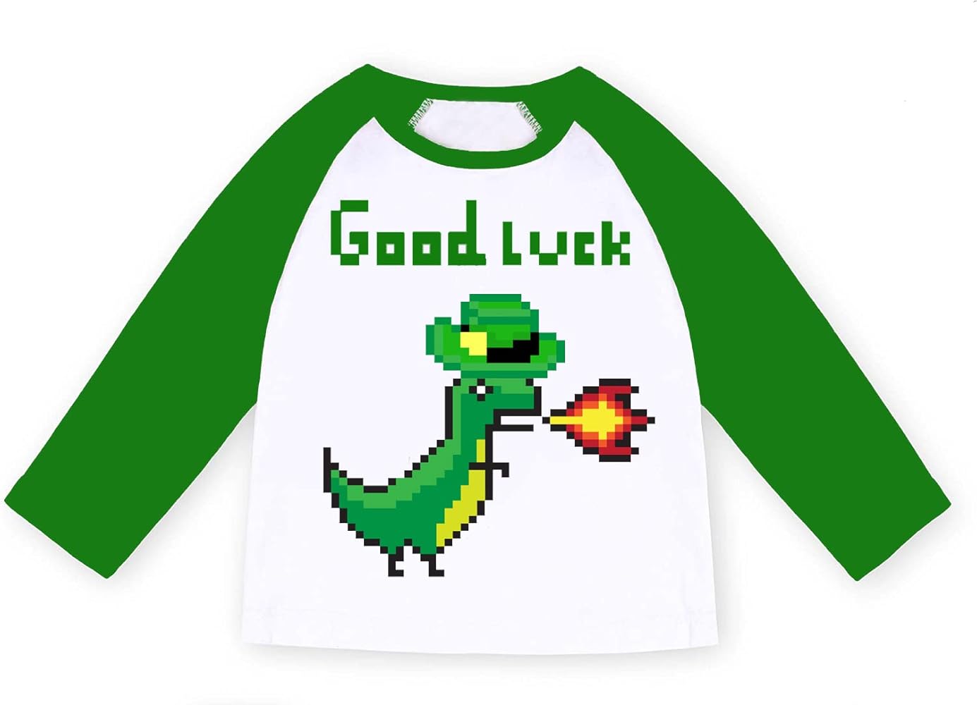 Kids St Patricks Day Shirts Toddler Unisex Boys Girls Pixel T-Shirt Cast Dinosaur Clover Shamrock Raglen Sleeve Green Tops