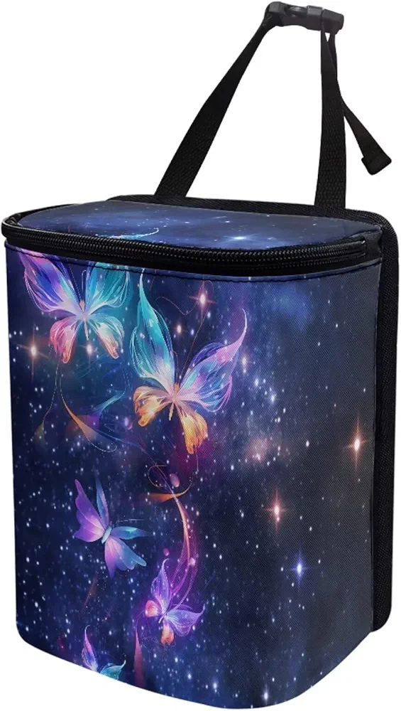 Purple Galaxy Butterfly Car Trash Can with Lid Collapsible Reusable Waterproof Car Garage Bag Car Accessories Interior Car Organizer