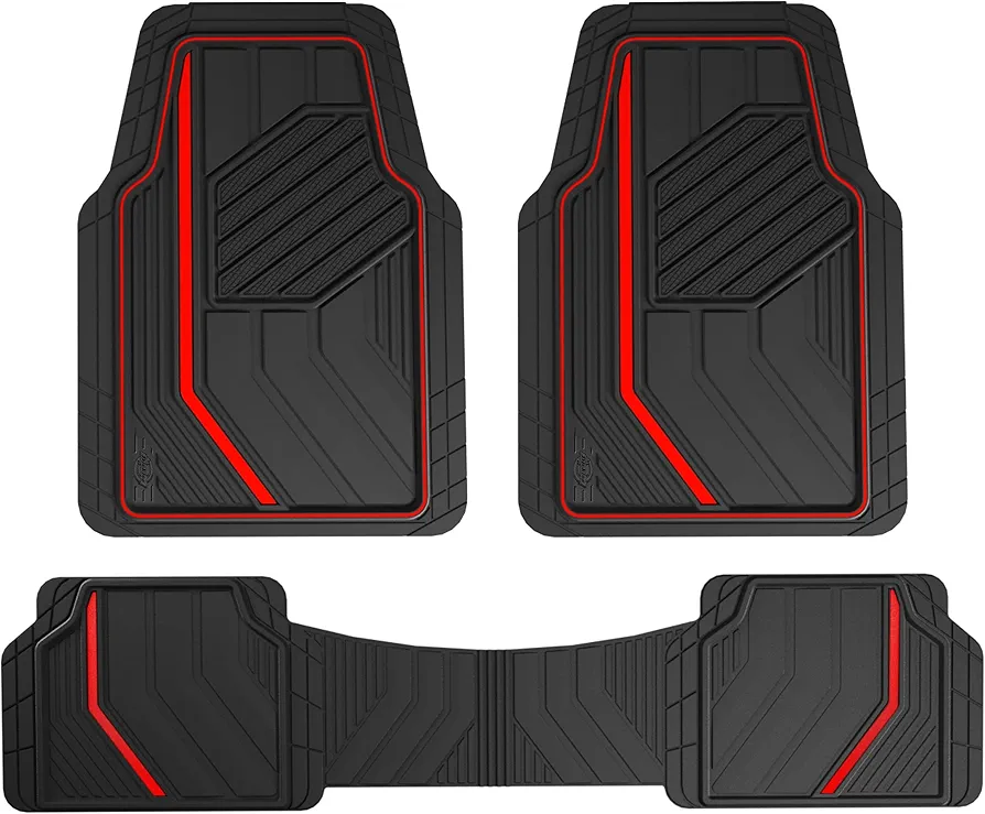 Dickies 3-Piece Floor Automotive Mats, Heavy-Duty Rubber Liners, All-Weather Auto Protection, Anti-Slip Design, All-Season Trim-to-Fit Custom, for Vehicles, Cars, Trucks, SUVs (Black/Red)