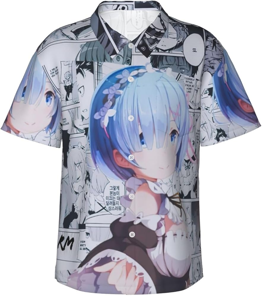 Man Summer Lapel Collar Hawaiian Tshirt for Re Zero-Ram Rem T-Shirt,Breathable Short Sleeve Tshirts Clothes