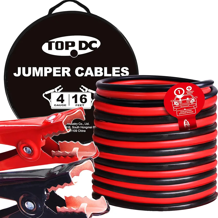 TOPDC 4 Gauge 16 Feet Jumper Cables for Car, SUV and Trucks Battery, Heavy Duty Automotive Booster Cables for Jump Starting Dead or Weak Batteries with Carry Bag(TD-P0416)