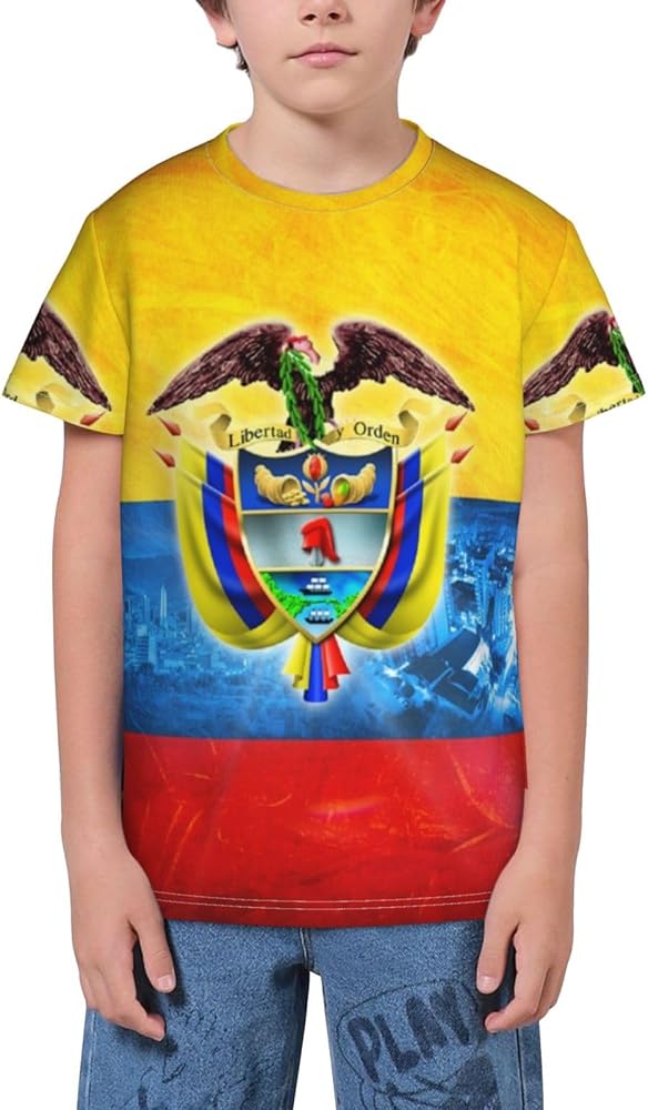 Beautiful Flag of Colombia Teen Boys Short Sleeve Crew Neck T-Shirt Casual Tee Tops for Youth Kids