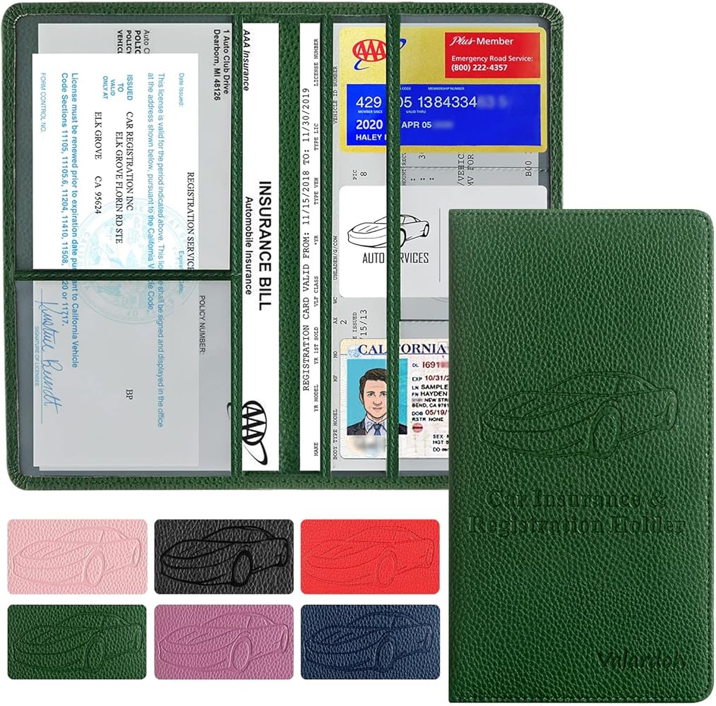 Premium Car Registration and Insurance Card Holder, Car Document Holder for Cards, Driver License & other Essential Documents (Dark Green)