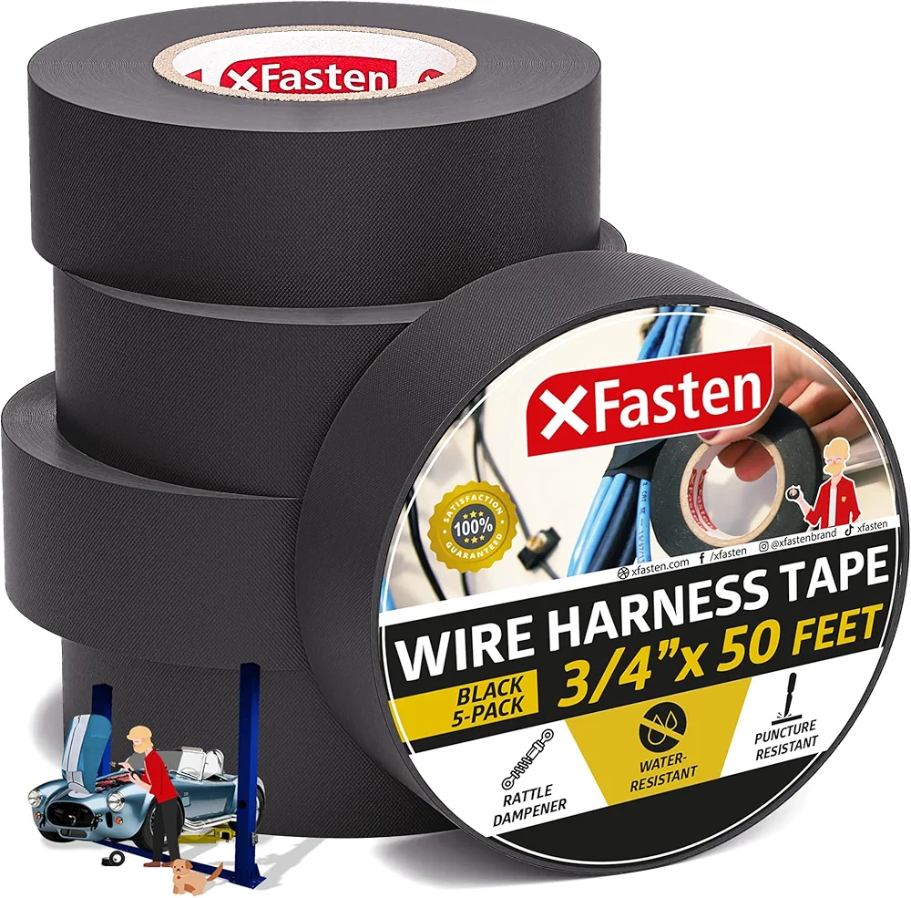 XFasten Wire Harness Tape, 3/4-Inch by 50-Foot (5-Pack), High Temp Wiring Loom Harness Self-Adhesive Felt Cloth Electrical Tape for Automotive Engine and Electrical Wiring