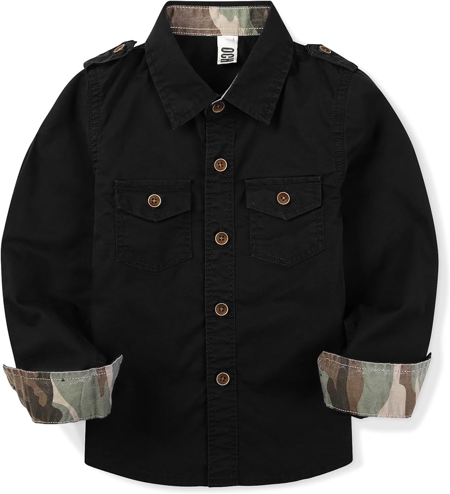 OCHENTA Boys Button Down Shirt Long Sleeve Casual Military Scout Spring Fall Clothes