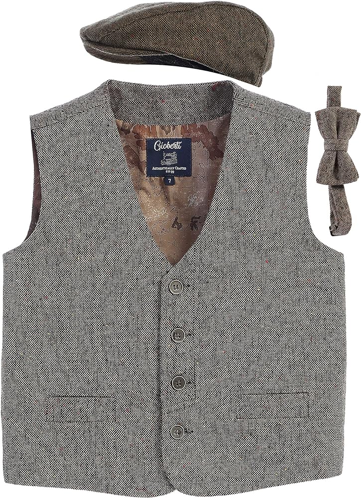 Gioberti Kids and Boys 3pc Tweed Vest with Matching Cap and Bow Tie