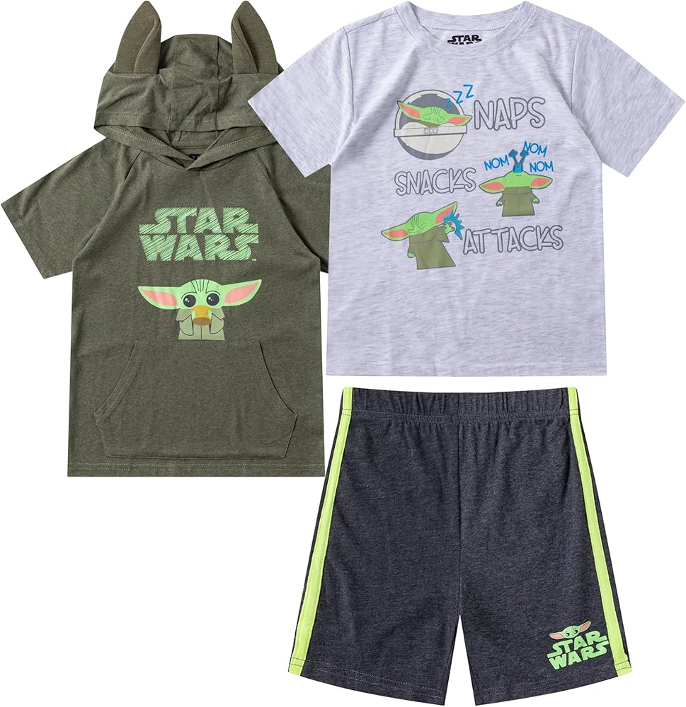 STAR WARS Boys Grogu Hooded T-Shirt, T-Shirt and Short Set for Toddler and Little Kids – Green/Grey