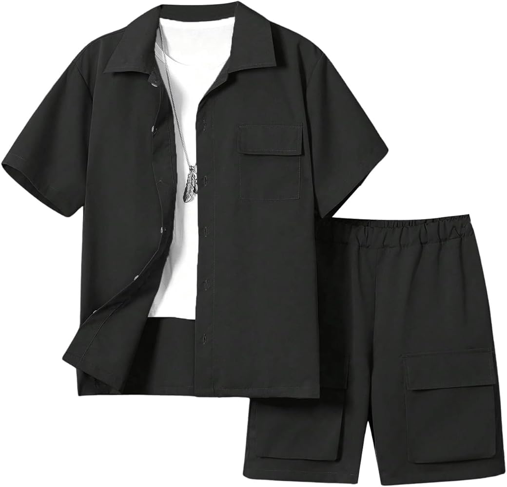 OYOANGLE Boy's 2 Piece Outfits Button Down Collared Short Sleeve Shirt and Cargo Shorts Set