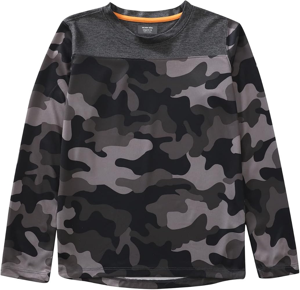 Boy's Camo Pattern Quick Dry Athletic T-shirt, Long Sleeve Moisture Wicking Outdoor Sports Top