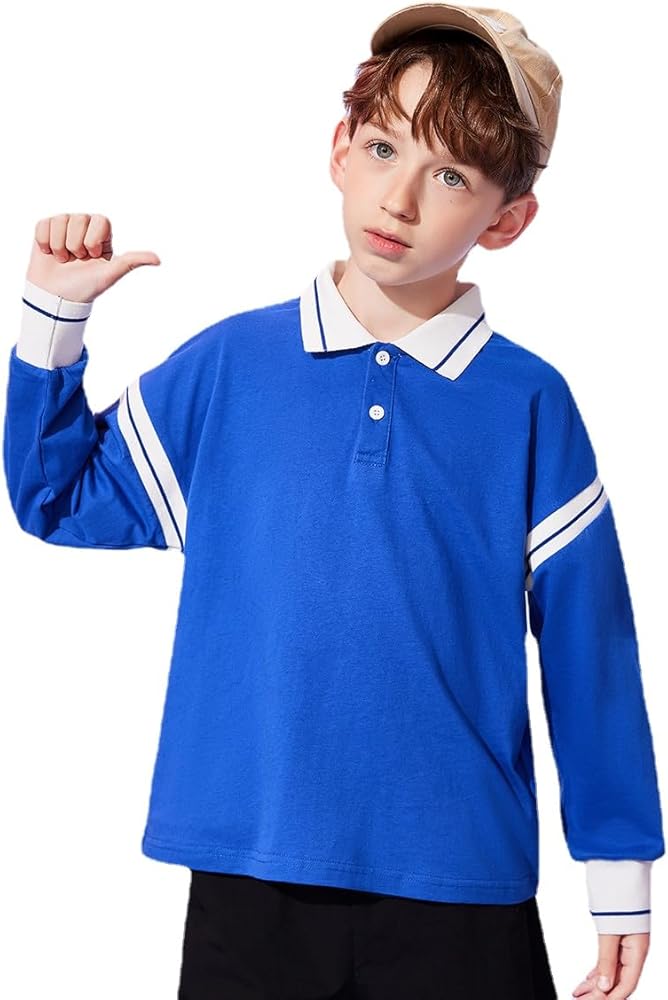 Boys Long Sleeve T-Shirt Blue Polo Neck Line Threaded Cuffs Sports Cotton Breathable Boys Tops 4-14 Years Old