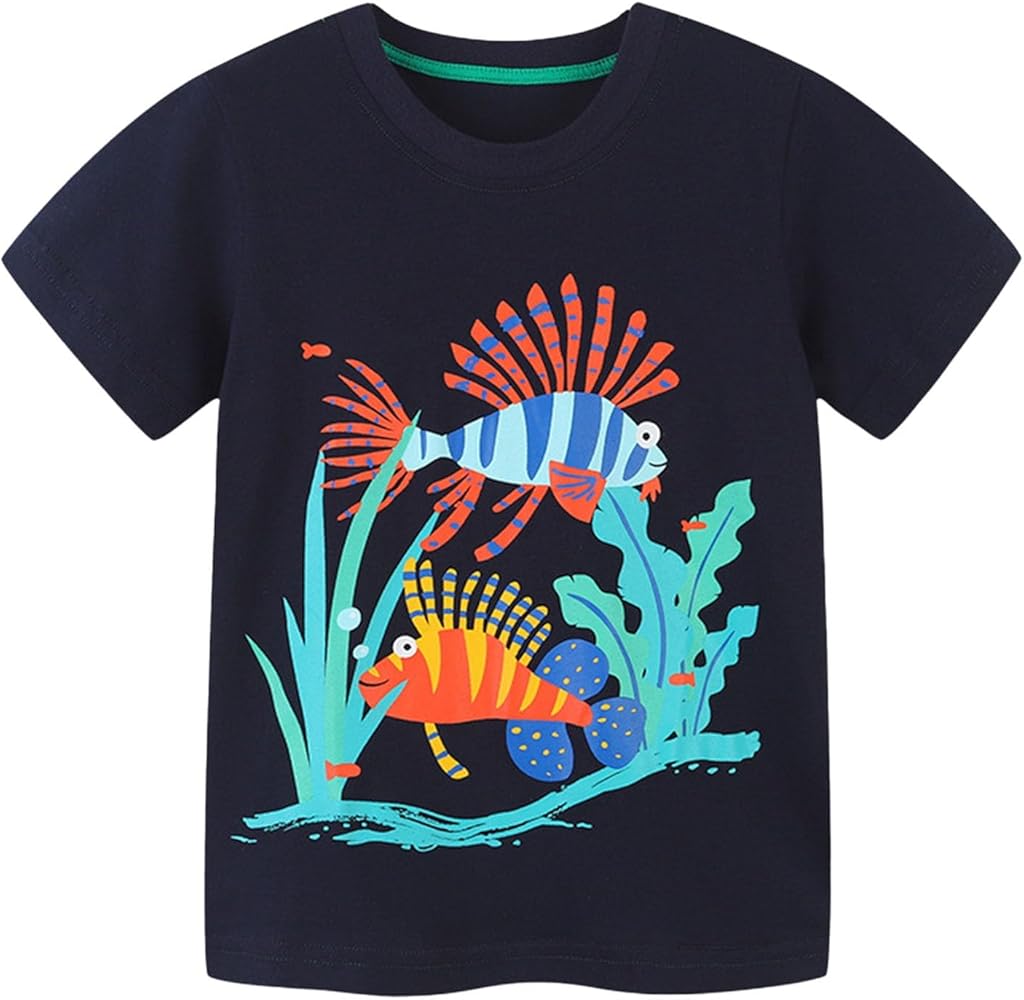 Kids Toddler Boys Cotton Seaweed Fish Print T-Shirts Short Sleeve Crewneck Top Tees Summer Outdoor Workout Top