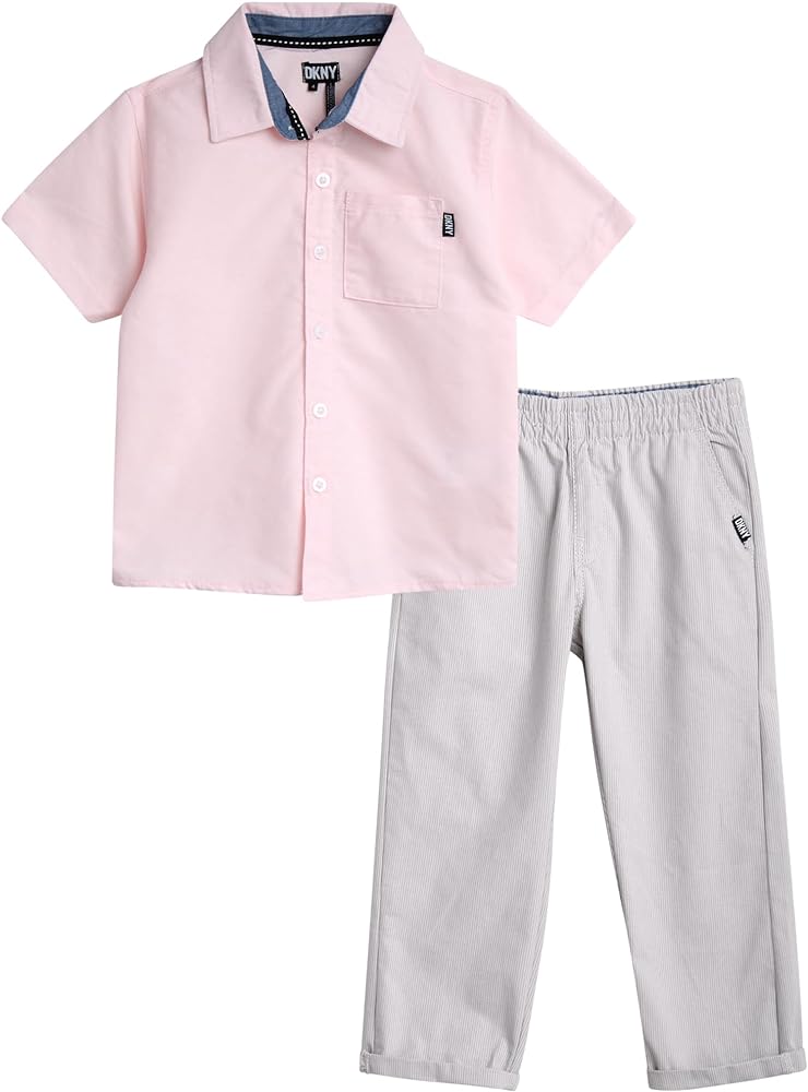 DKNY Boys' Pants Set - 2 Piece Woven Short Sleeve Button Down Shirt and Canvas Pants - Outfit Set for Toddler Boys (2T-7)