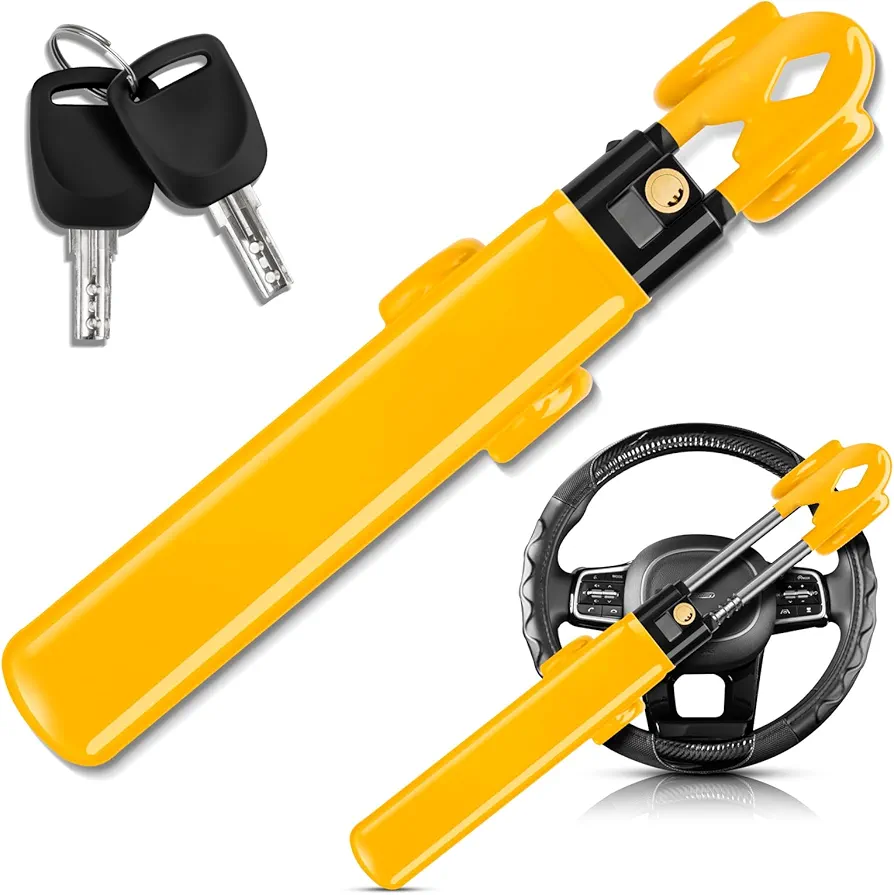 KYX Steering Wheel Lock for Car - Double Hooks Anti-Theft Device and Heavy Duty Car Security Lock with Adjustable Locking and 2 Keys - SUV Pickup Truck Van (Yellow)