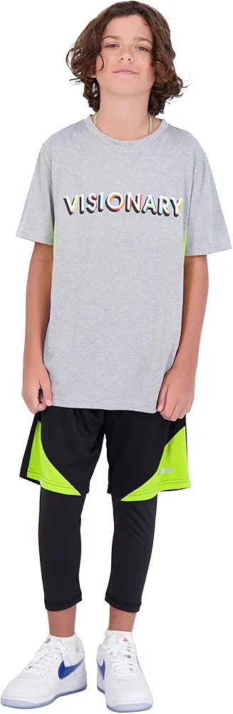 Hind Boys 3-Piece Athletic Short Set for Kids Basketball Shorts Athletic T-Shirt and Leggings for Sports and Training