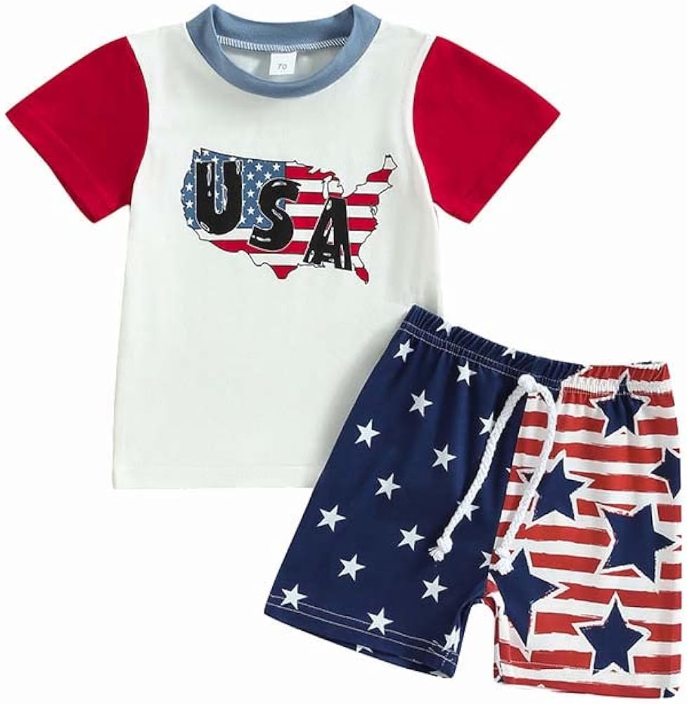 LMYOVE July 4th Toddler Little Boys Short Sleeve T-Shirt and Short Sets, Kids Independence Day Summer Outfits Clothes